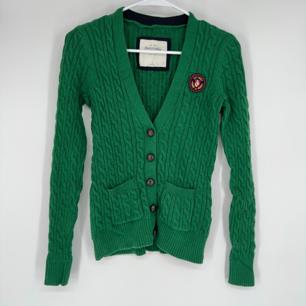 Vintage Y2K Abercrombie & Fitch Green Cable Knit Cardigan V-Neck Crest Patch S